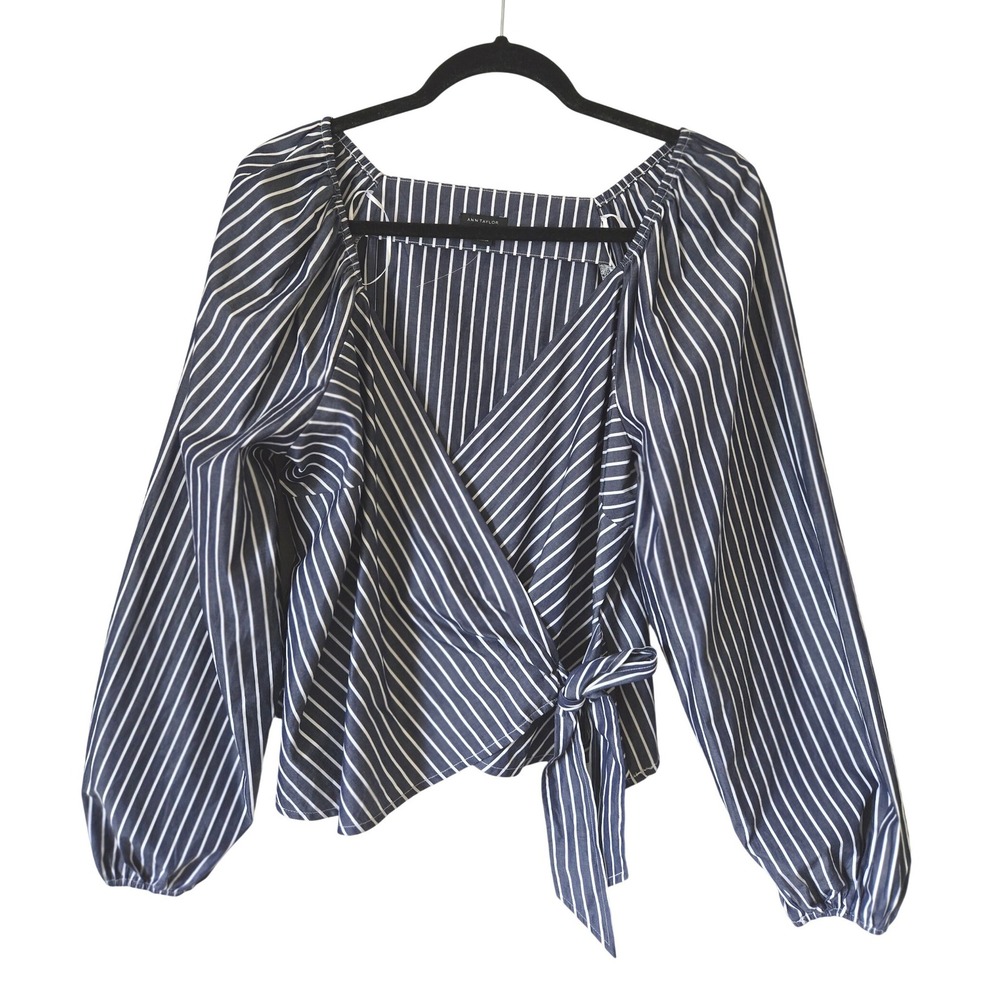 Ann Taylor Navy White Pinstripe Cotton Wrap Top Long Puff Sleeve Size M